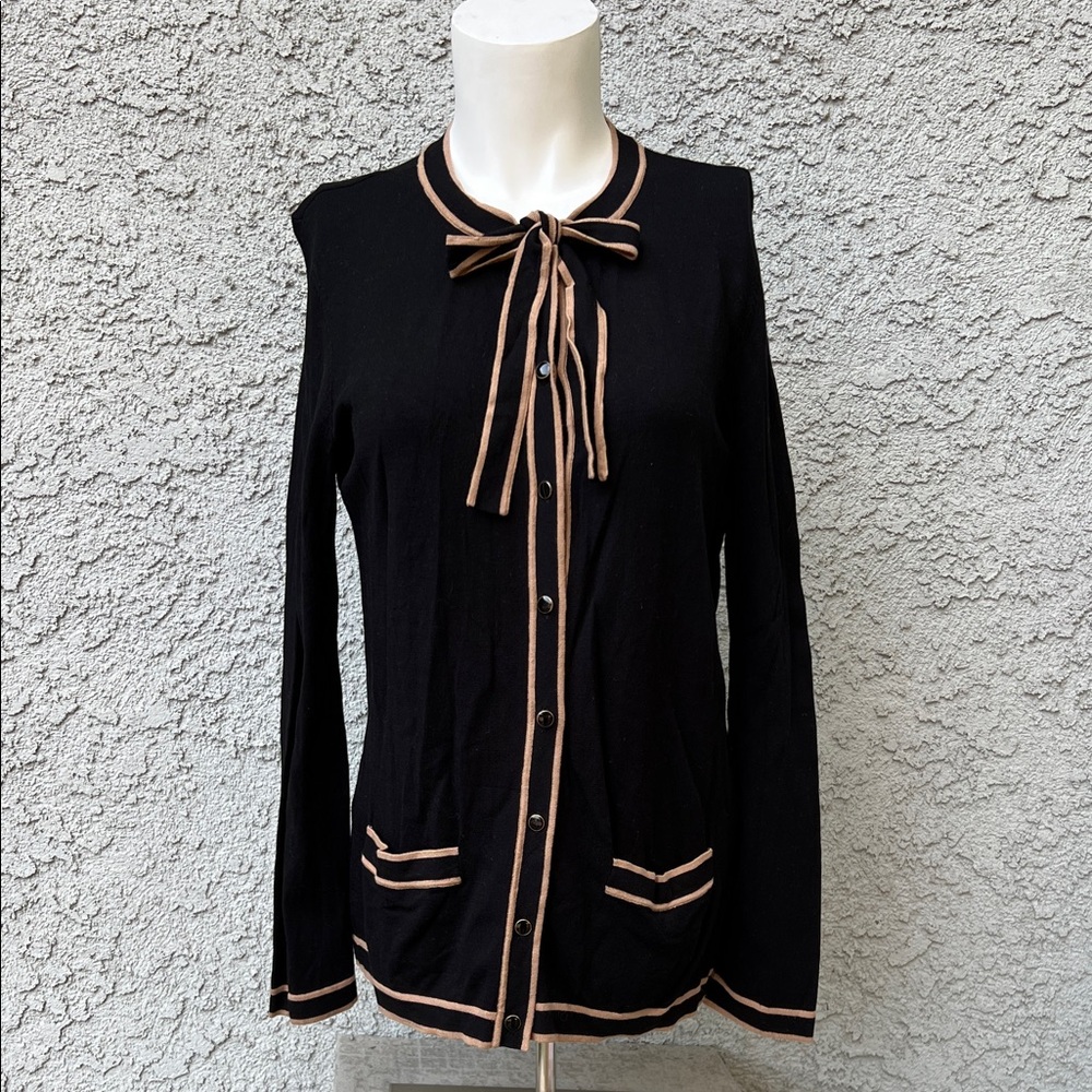 Talbots Black Button Up Cardigan Sweater with neck tie and pockets - Office wear
